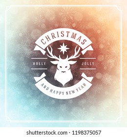 Christmas and new year retro typography label design and light with snowflakes. Holidays wish greeting card design and vintage ornament decoration. Vector background.