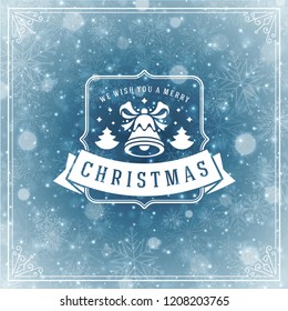 Christmas and new year retro typography label design and light with snowflakes. Holidays wish greeting card design and vintage ornament decoration. Vector background.