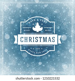 Christmas and new year retro typography label design and light with snowflakes. Holidays wish greeting card design and vintage ornament decoration. Vector background.