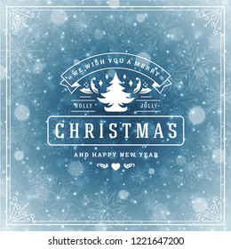 Christmas and new year retro typography label design and light with snowflakes. Holidays wish greeting card design and vintage ornament decoration. Vector background.