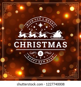 Christmas and new year retro typography label design and light bokeh. Holidays wish greeting card design and vintage ornament decoration. Vector background.