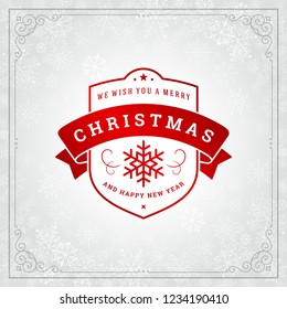 Christmas and new year retro typography label design and light with snowflakes. Holidays wish greeting card design and vintage ornament decoration. Vector background.