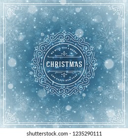 Christmas and new year retro typography label design and light with snowflakes. Holidays wish greeting card design and vintage ornament decoration. Vector background.