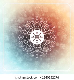 Christmas and new year retro typography label design and light with snowflakes. Holidays wish greeting card design and vintage ornament decoration. Vector background.