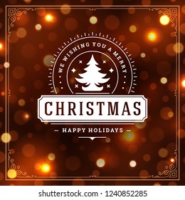 Christmas and new year retro typography label design and light bokeh. Holidays wish greeting card design and vintage ornament decoration. Vector background.
