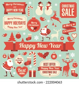 Christmas And New Year Retro Vector Design Element Collection.