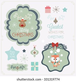 Christmas and new year retro vector design element collection. Fox and reindeer characters