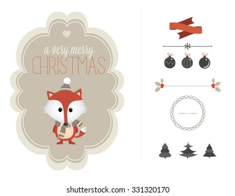 Christmas and new year retro vector design element collection. Retro fox