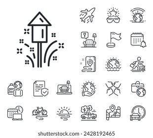 Christmas or New year rocket sign. Plane jet, travel map and baggage claim outline icons. Fireworks line icon. Pyrotechnic symbol. Fireworks line sign. Car rental, taxi transport icon. Vector