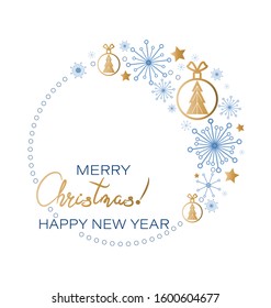 Christmas, New Year round frame. Snowflakes and golden christmas toys, stars. Winter holiday background with place for text. Vector illustration isolated on a white background.