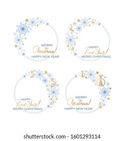 Christmas, New Year round frame. Set. Snowflakes and golden christmas toys, PC mouse, stars. Winter holiday background with place for text. Vector illustration isolated on a white background.