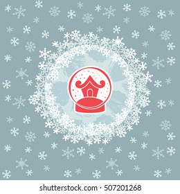 Christmas and New Year round frame with house in snow ball symbol. Doodle illustration greeting card.