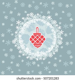 Christmas and New Year round frame with holiday decoration ball lantern symbol. Doodle illustration greeting card.