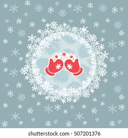 Christmas and New Year round frame with hands in gloves symbol. Doodle illustration greeting card.