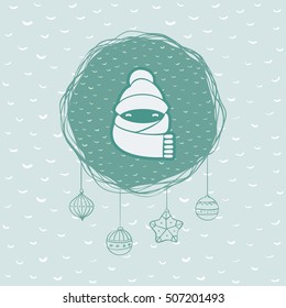 Christmas and New Year round frame with child head wear warm hat and scarf symbol. Doodle illustration greeting card.