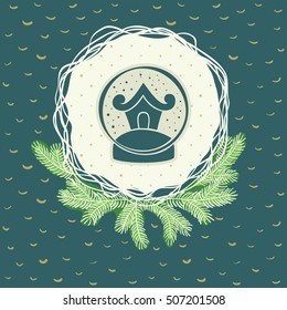Christmas and New Year round frame with house in snow ball symbol. Doodle illustration greeting card.