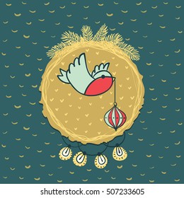 Christmas and New Year round frame with little bird holding tree decoration in beak symbol. Doodle illustration greeting card.