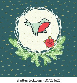 Christmas and New Year round frame with little bird holding tree decoration in beak symbol. Doodle illustration greeting card.