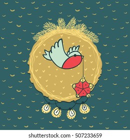 Christmas and New Year round frame with little bird holding tree decoration in beak symbol. Doodle illustration greeting card.