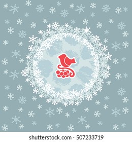 Christmas and New Year round frame with little bird sitting on tree branch symbol. Doodle illustration greeting card.
