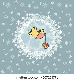 Christmas and New Year round frame with little bird holding tree decoration in beak symbol. Doodle illustration greeting card.