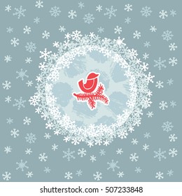 Christmas and New Year round frame with little bird sitting on tree branch symbol. Doodle illustration greeting card.