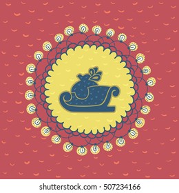 Christmas and New Year round frame with Santa's sled with gift sack symbol. Doodle illustration greeting card.