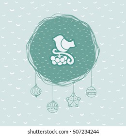 Christmas and New Year round frame with little bird sitting on tree branch symbol. Doodle illustration greeting card.