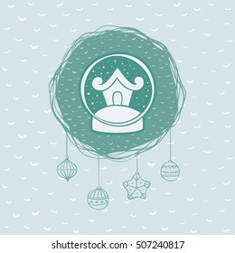 Christmas and New Year round frame with house in snow ball symbol. Doodle illustration greeting card.