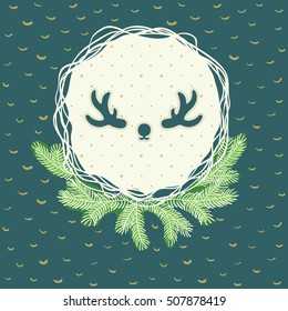 Christmas and New Year round frame with deer horns symbol. Doodle illustration greeting card.