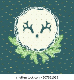 Christmas and New Year round frame with deer horns symbol. Doodle illustration greeting card.