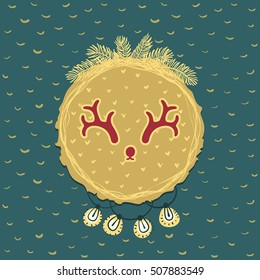 Christmas and New Year round frame with deer horns symbol. Doodle illustration greeting card.