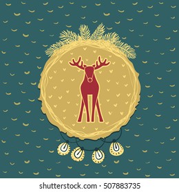 Christmas and New Year round frame with deer symbol. Doodle illustration greeting card.