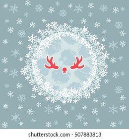 Christmas and New Year round frame with deer horns symbol. Doodle illustration greeting card.
