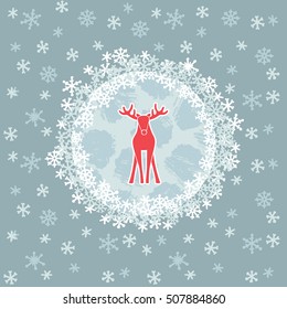 Christmas and New Year round frame with deer symbol. Doodle illustration greeting card.