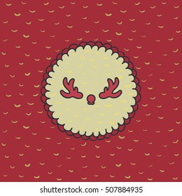 Christmas and New Year round frame with deer horns symbol. Doodle illustration greeting card.
