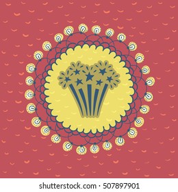 Christmas and New Year round frame with sparkling firework symbol. Doodle illustration greeting card.