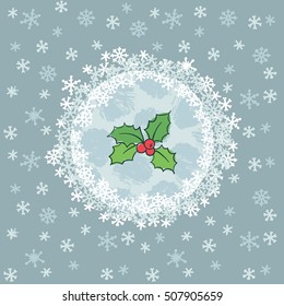 Christmas and New Year round frame with holly branch symbol. Doodle illustration greeting card.