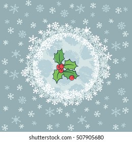 Christmas and New Year round frame with holly branch symbol. Doodle illustration greeting card.