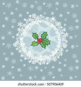 Christmas and New Year round frame with holly branch symbol. Doodle illustration greeting card.