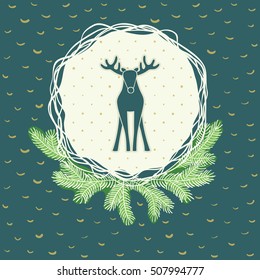 Christmas and New Year round frame with deer symbol. Doodle illustration greeting card.
