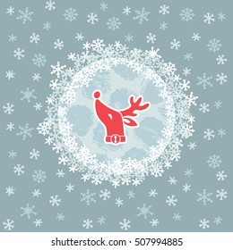 Christmas and New Year round frame with deer head with bell necklace symbol. Doodle illustration greeting card.