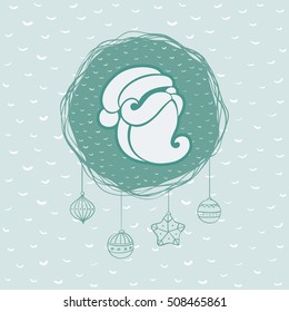 Christmas and New Year round frame with Santa Claus head symbol. Doodle illustration greeting card.