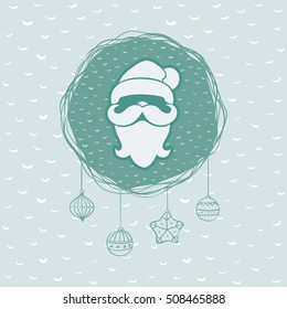 Christmas and New Year round frame with Santa Claus head symbol. Doodle illustration greeting card.