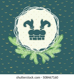 Christmas and New Year round frame with Santa Claus legs out of chimney symbol. Doodle illustration greeting card.