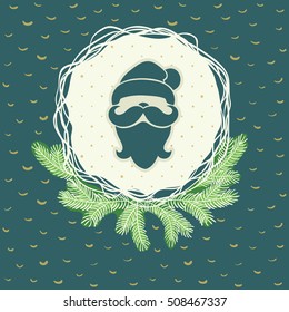 Christmas and New Year round frame with Santa Claus head symbol. Doodle illustration greeting card.