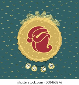 Christmas and New Year round frame with Santa Claus head symbol. Doodle illustration greeting card.
