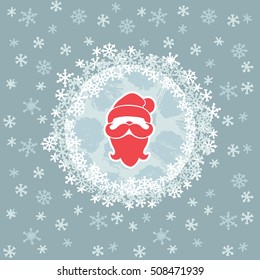 Christmas and New Year round frame with Santa Claus head symbol. Doodle illustration greeting card.