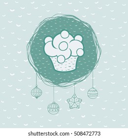 Christmas and New Year round frame with cupcake symbol. Doodle illustration greeting card.