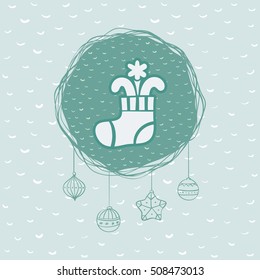 Christmas and New Year round frame with stocking symbol. Doodle illustration greeting card.